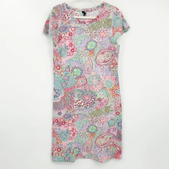 Talbots Womens Retro Paisley Print Cotton T-Shirt Shift Dress Size M Multicolor - Picture 2 of 8
